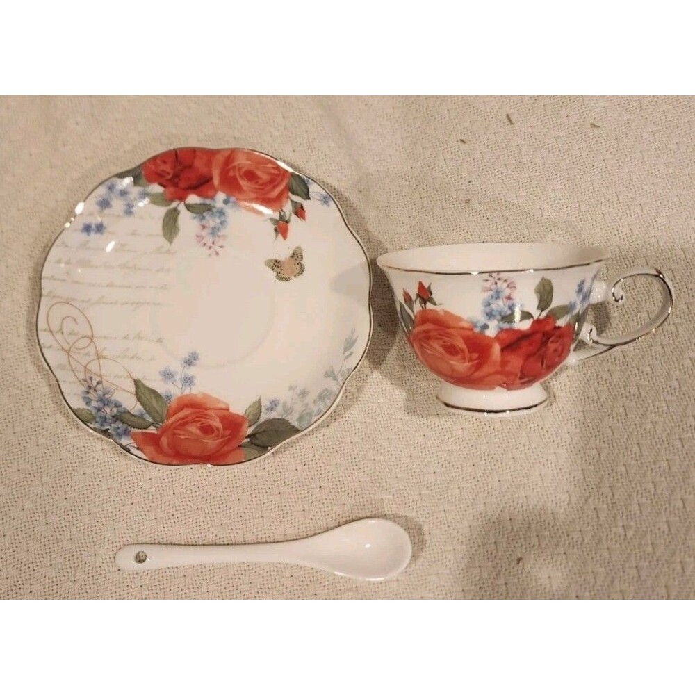 Sweet Living Rose Teacup With Saucer Spoon Decor Red Flowers
